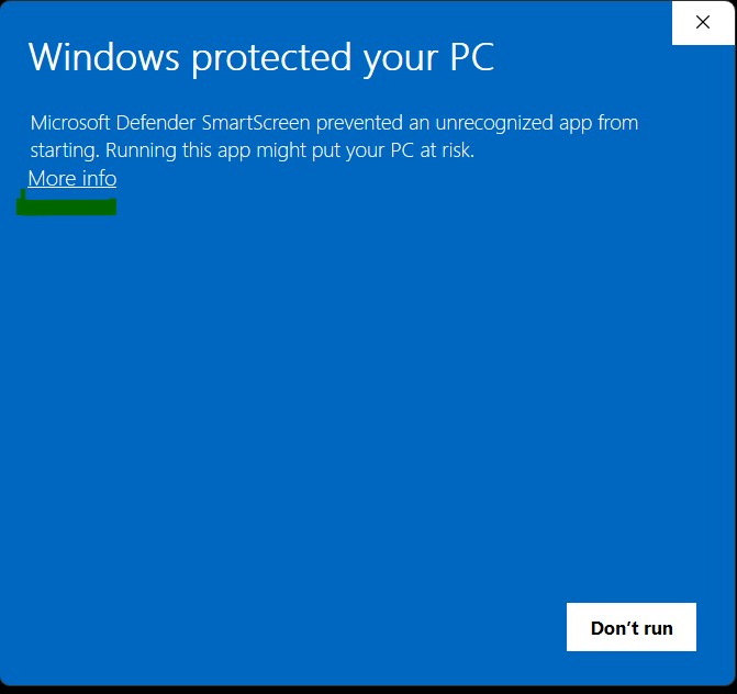 Windows protected your PC — click More info, then Run anyway